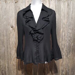 Sunny Leigh L Women's Top Blouse Black Ruffle 3/4 Sleeve Crinkle Pleated Sheer